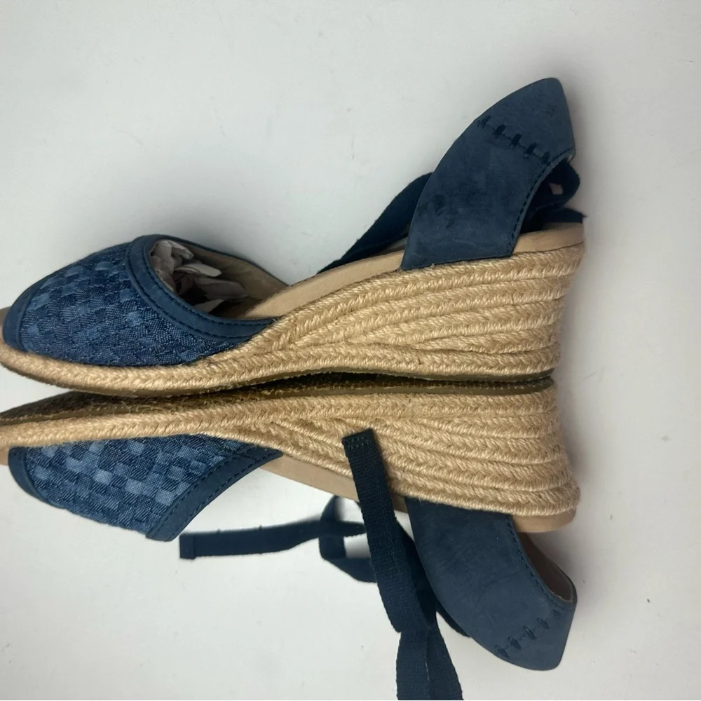 UGG Delmar Woven Patchwork Denim Leather Wedge Ankle Tie Sandals NWOT 8.5*Spots*